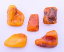 Five pieces of amber. Various sizes. The largest 6 cm long. 184 grammes.