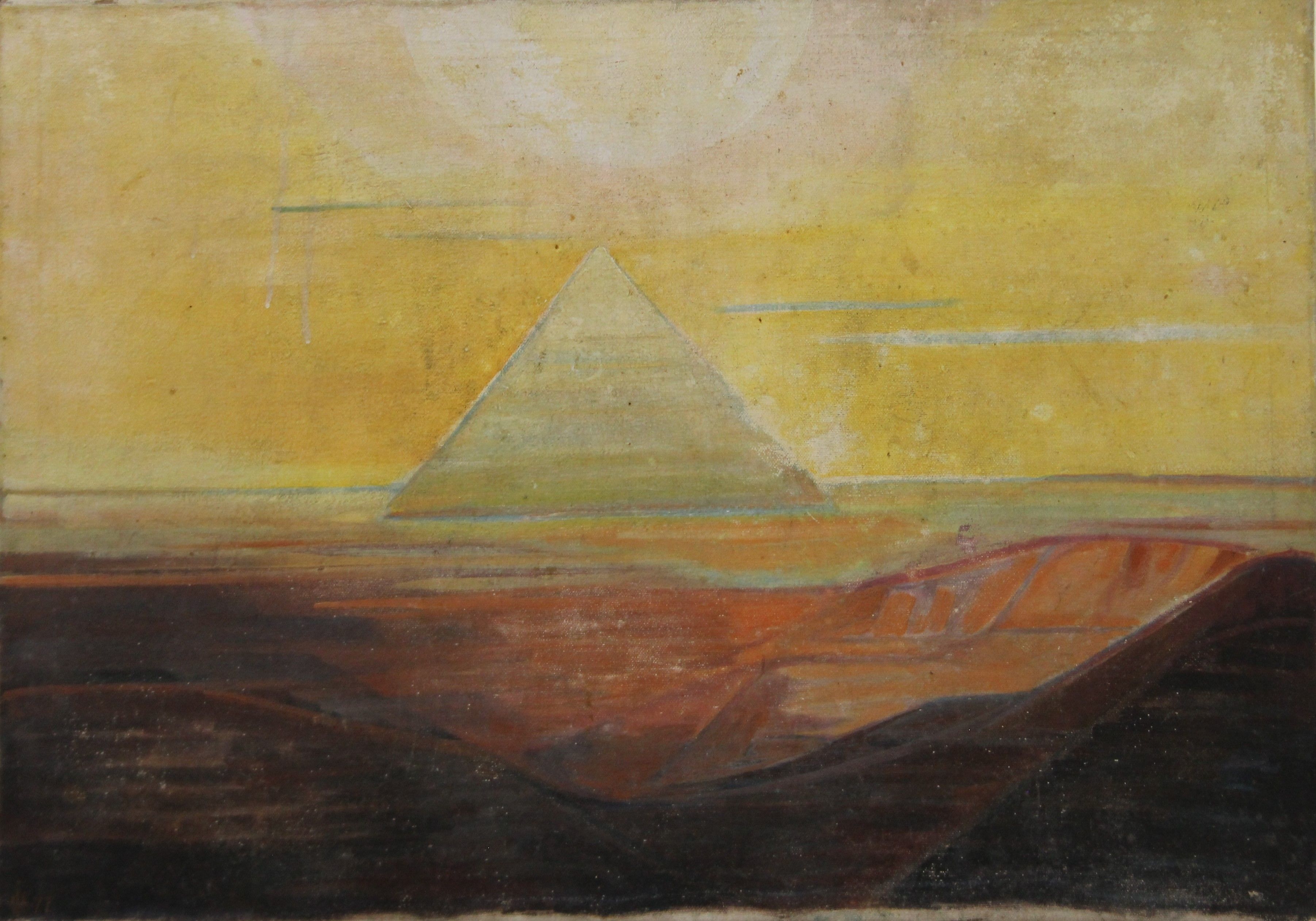 20TH CENTURY SCHOOL, Abstract Pyramid Scene, oil on canvas, initialled and dated 1977,