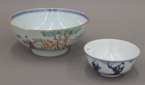 A Chinese blue and white porcelain bowl decorated with figures and another. The former 11.