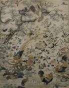 A Chinese embroidered panel decorated with various birds, butterflies and bees, framed and glazed.