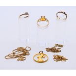 A quantity of various gold jewellery etc, to include three 9ct chains,