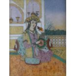 An Indian hardstone plaque depicting a woman, framed. 17 x 22 cm.