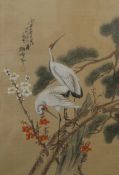 A Japanese watercolour on silk of Cranes, framed and glazed. 20.5 x 30.5 cm.