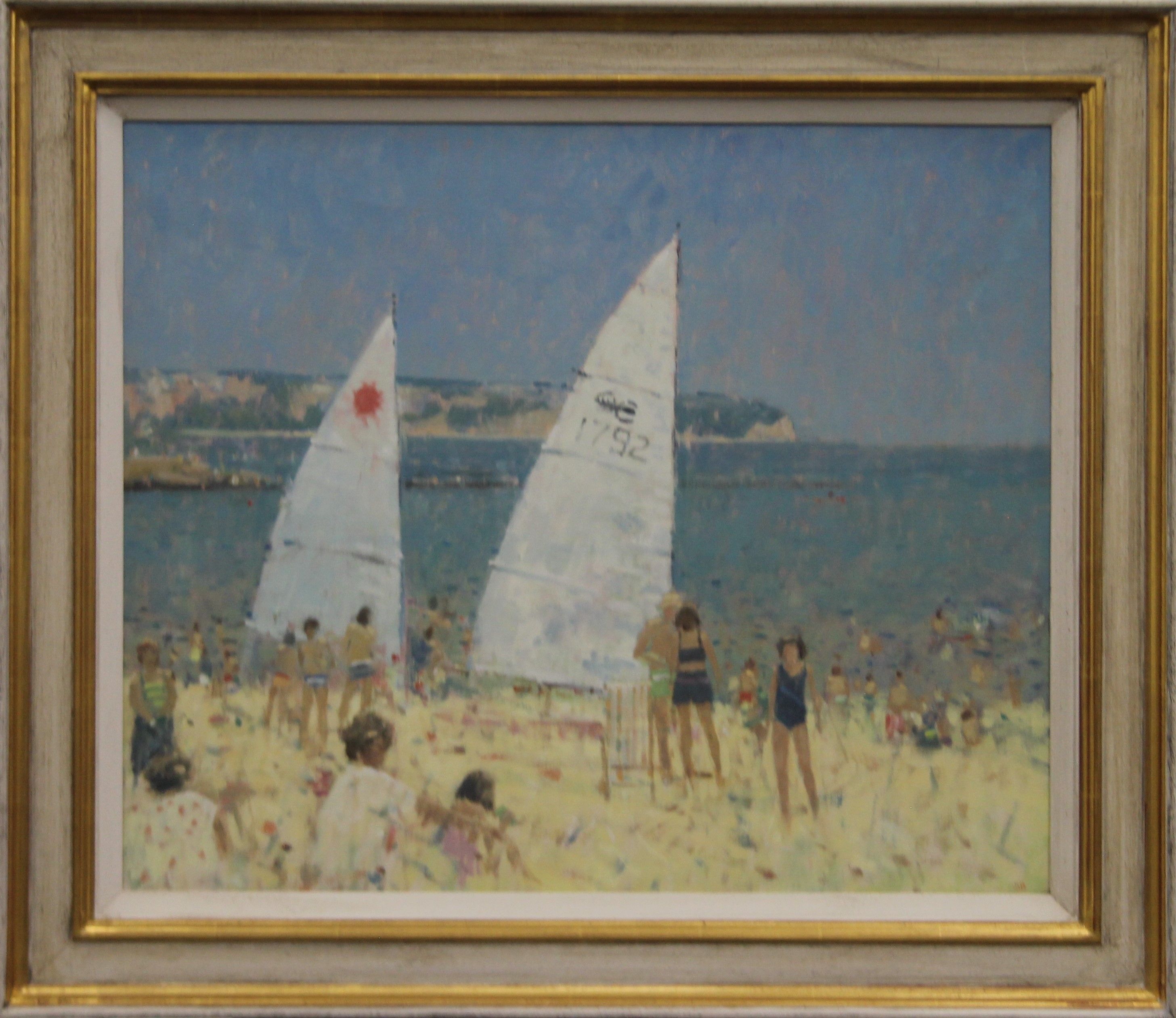 Crowded Beach, signed with initials SB, oil on canvas, framed. 59 x 49 cm. - Image 2 of 2