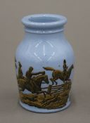 A Victorian Pratt ware pot decorated with a hunting scene. 9.5 cm high.