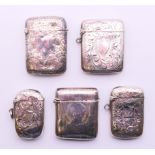 Five silver vesta cases. The largest 5 cm x 3.5 cm. 111.6 grammes total weight.