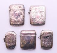 Five silver vesta cases. The largest 5 cm x 3.5 cm. 111.6 grammes total weight.