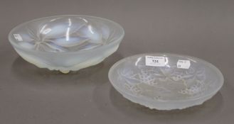 G Vallon, an iridescent glass dish and another similar. The former 23.5 cm diameter.