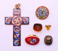 An enamel cross pendant, two micro mosaic brooches and three small seals.
