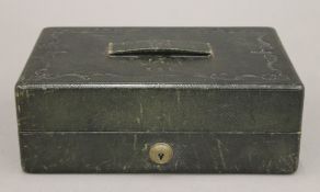 A Victorian green leather writing/jewellery box. 23 cm x 15 cm.