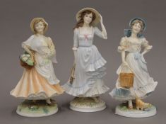Three Royal Worcester porcelain figurines, Market Day, Summer and Milkmaid. The largest 23.