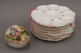 A quantity of Minton Oyster plates etc and a porcelain box. The latter 14 cm long.
