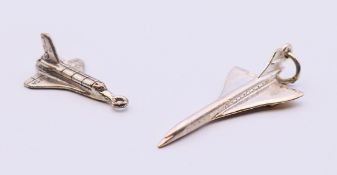 A silver Concorde charm and a silver space shuttle charm. Concorde charm 3 cm long.