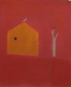 Orange house with birds, contemporary oil and pastel, framed and glazed. 49 x 59 cm.