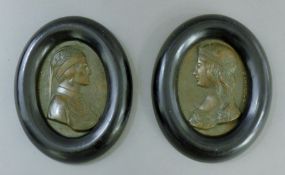A pair bronze plaques depicting Dante and Beatrice, in ebonised framed. 17 cm high.