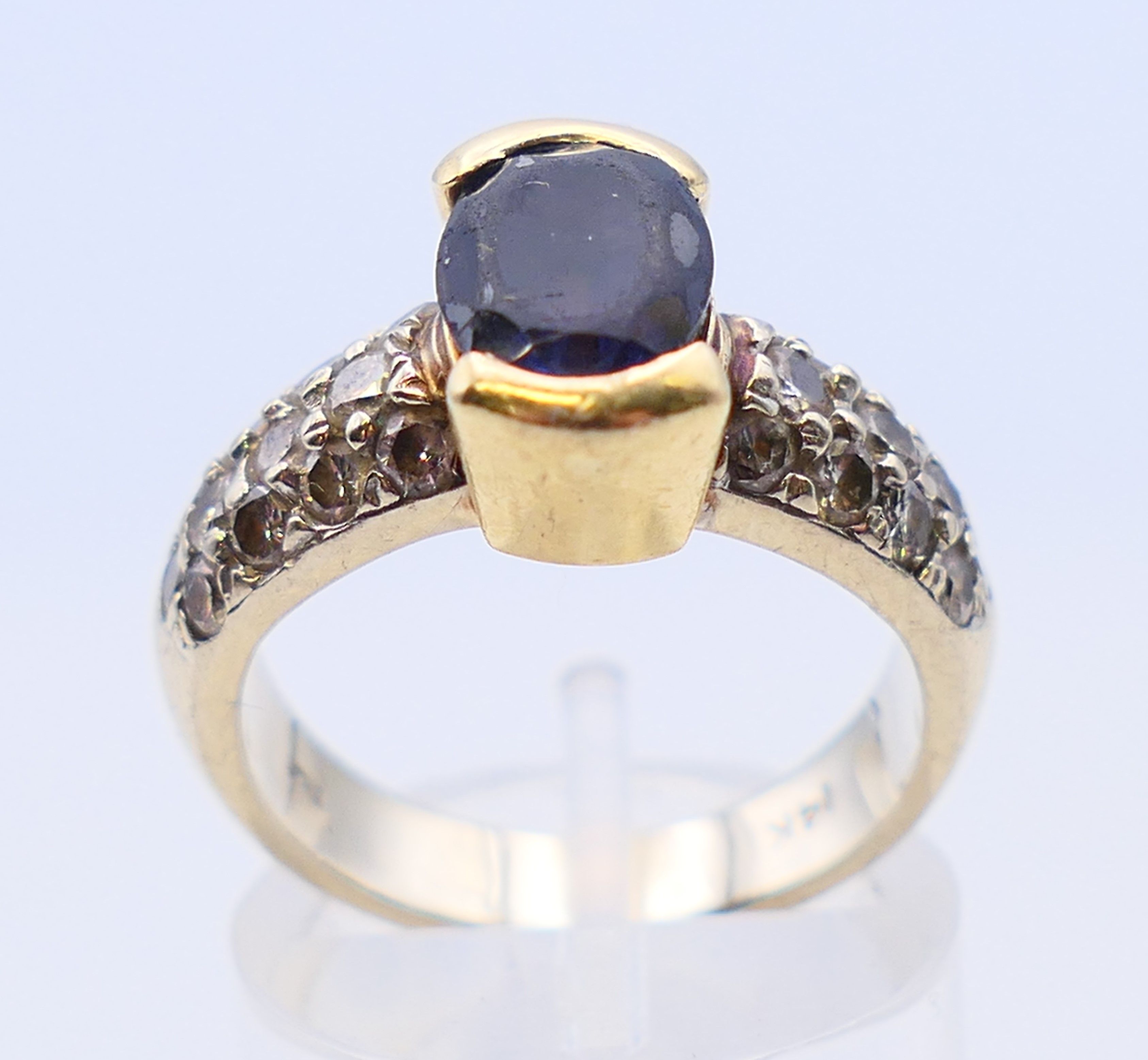 A 14 K gold, diamond and amethyst ring. Ring size M/N. - Image 2 of 7