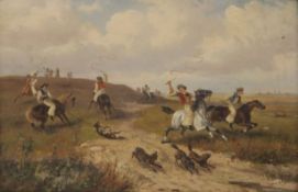 N BOSSOW (19th century) German, Hunting Party and Wolf Hunt, a pair of oils on panel,