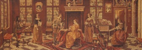 A tapestry panel, Figures in the Music Room, framed. 185 x 71.5 cm overall.