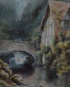 C W MORSLEY, Woman beside a River and a Thatched Cottage, watercolour, framed and glazed. 21.5 x 24.