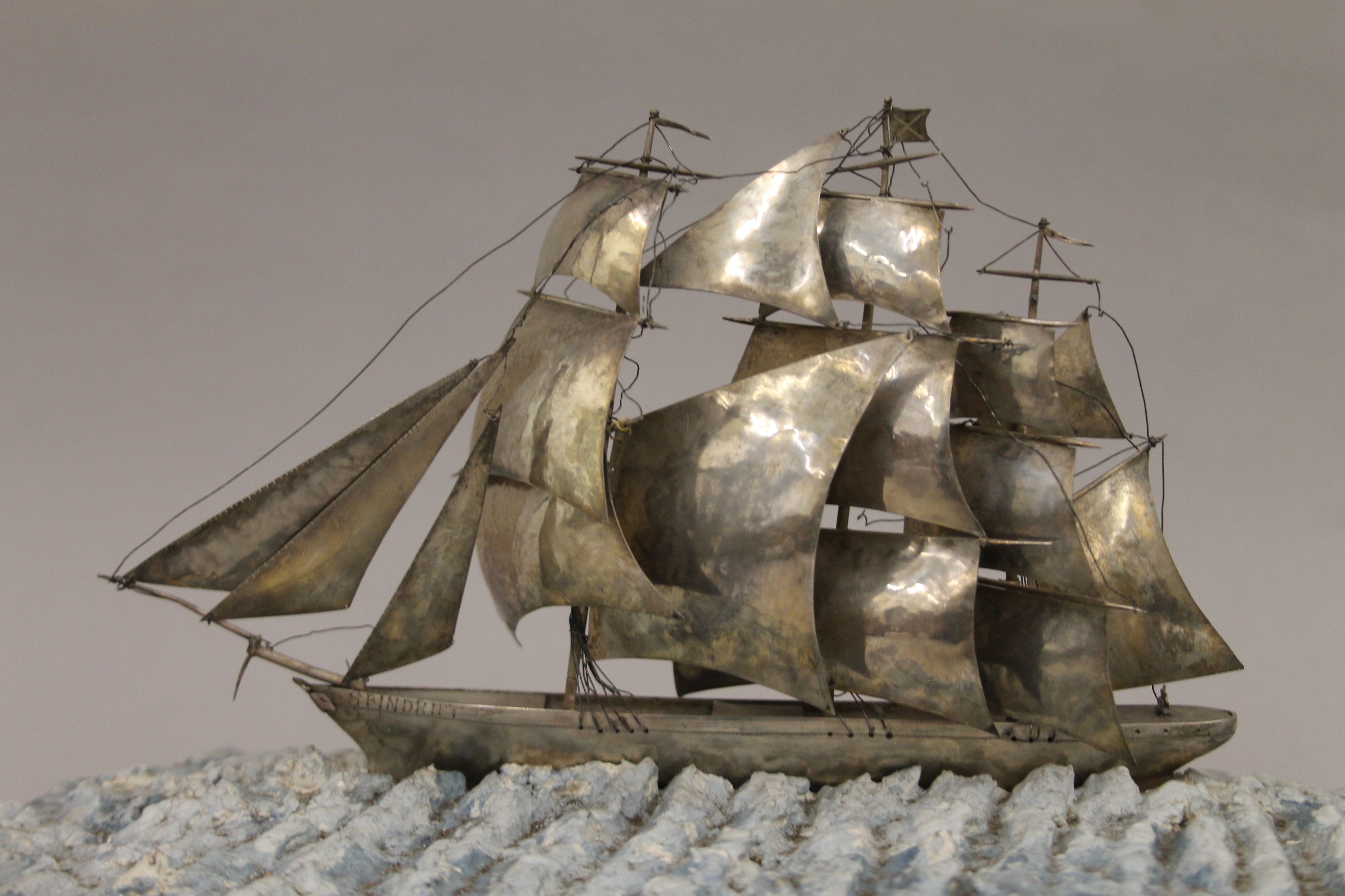 A 19th century Chinese silver model of the tea clipper Spindrift under a glass dome. - Image 6 of 7