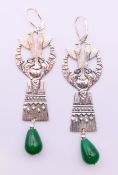A pair of silver and jade Art Deco style Egyptian style earrings. 7.5 cm high.