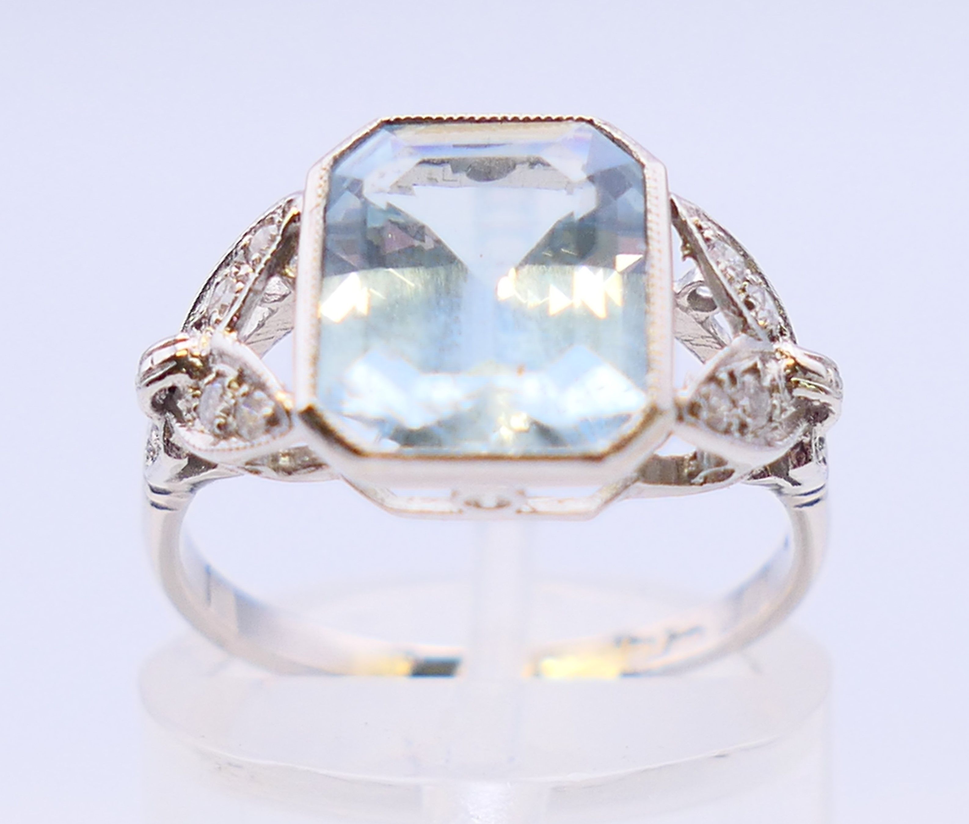 A platinum, aquamarine and diamond ring. Ring size L/M. - Image 2 of 6