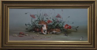 DAVID FEATHER, Stoats and Poppies and Beetle Larvae, oil on canvas, framed. 43.5 x 18 cm.
