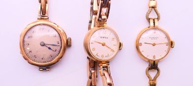 Three 9 ct gold cased ladies wristwatches. 50 grammes total weight.