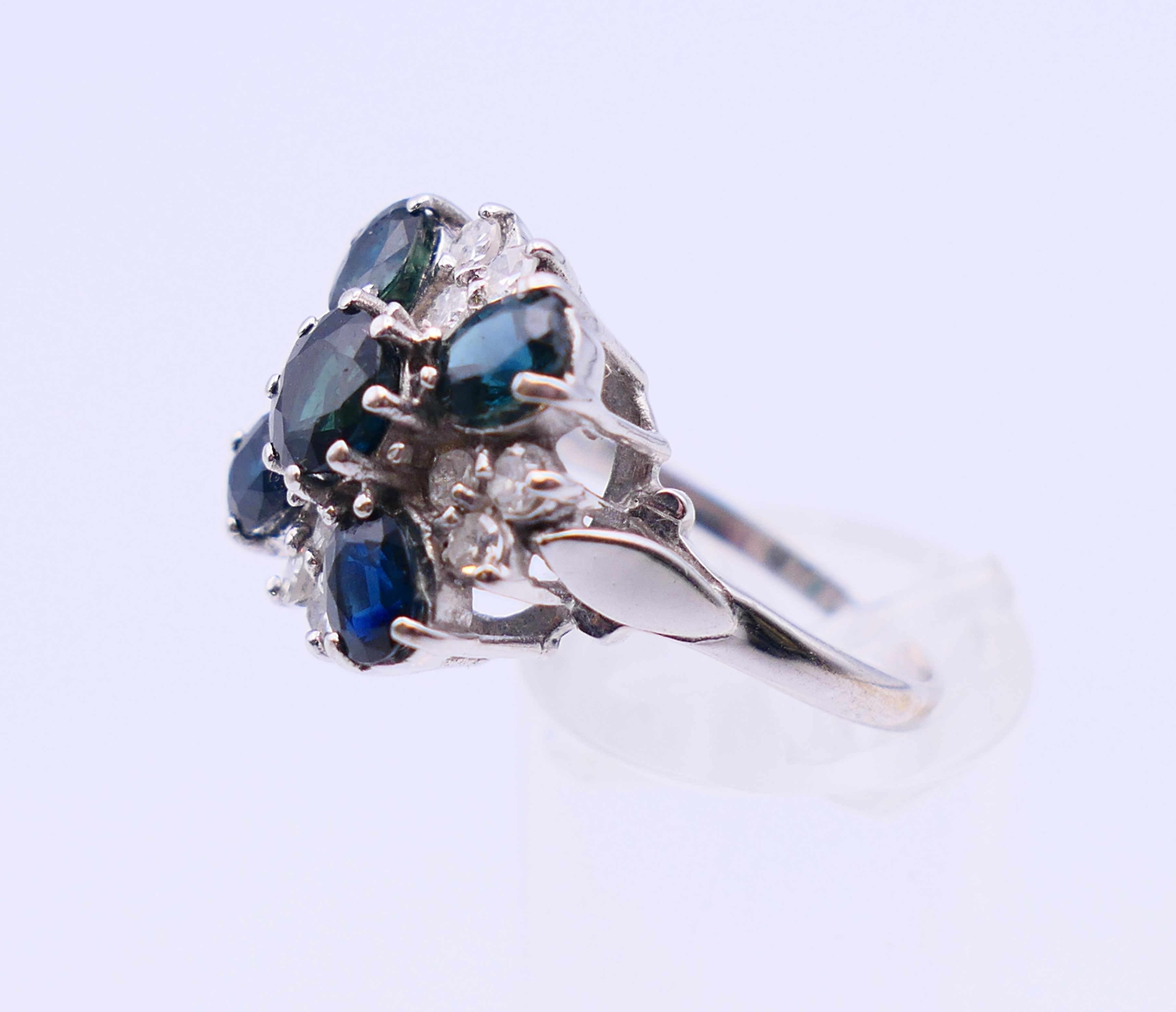 An 18 ct white gold, diamond and sapphire ring. 7 grammes total weight. Ring size Q. - Image 3 of 6