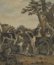 Fox Hounds antique primitive-style, hand coloured engraving after Dodd, mounted, glazed and framed.