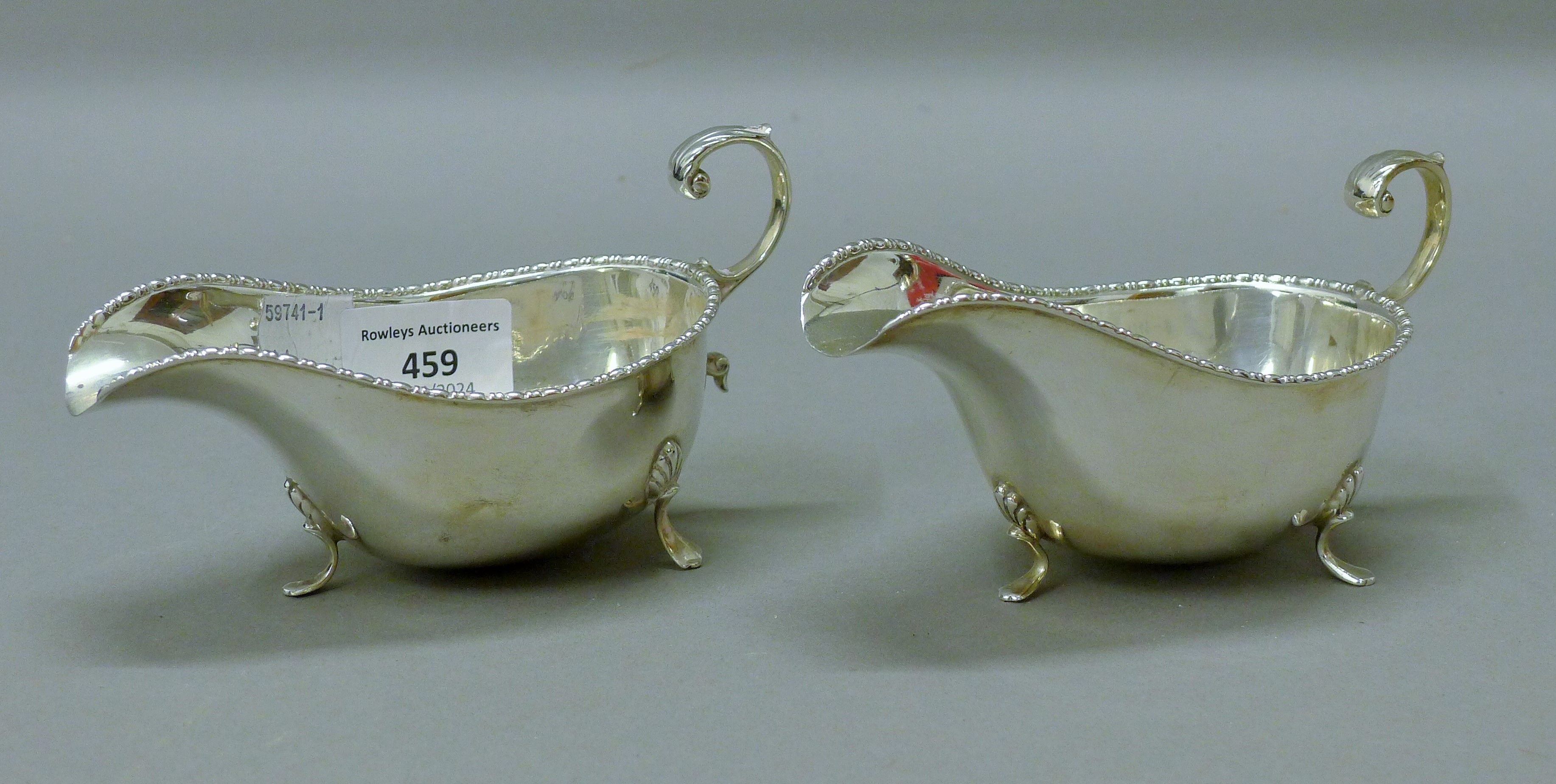 Three silver sauce boats. The largest 14.5 cm long. 295.4 grammes. - Image 2 of 6