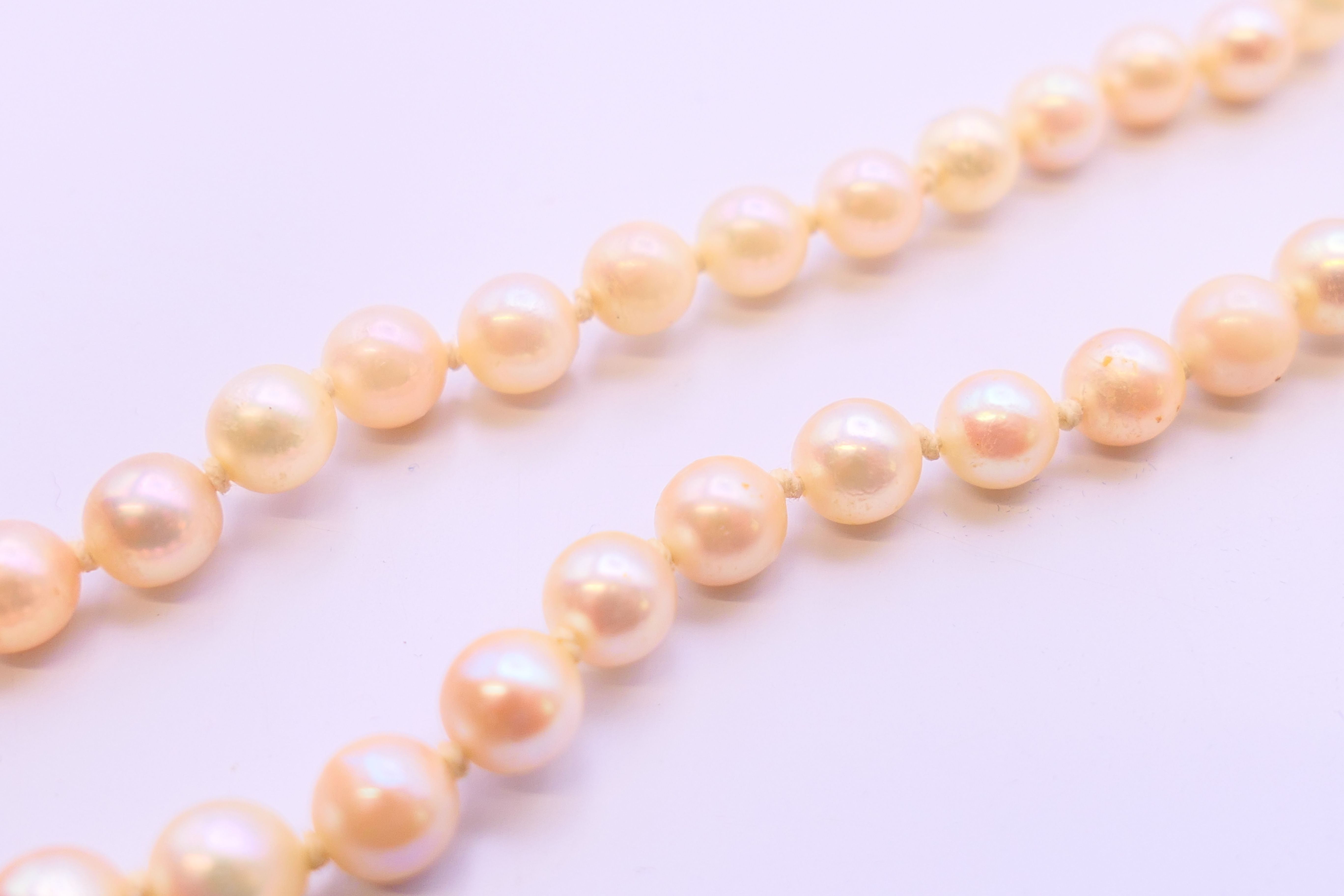 A pearl necklace with a 9 ct gold clasp. 44 cm long. - Image 4 of 4