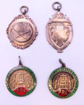 Two silver fobs and two enamel Printing & Allied Trades Charity SA fobs,