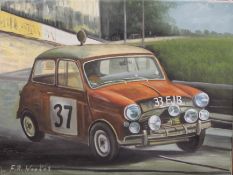 F R WEAKES, Rally Mini, oil on canvas. 40.5 x 30.5 cm.