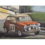 F R WEAKES, Rally Mini, oil on canvas. 40.5 x 30.5 cm.