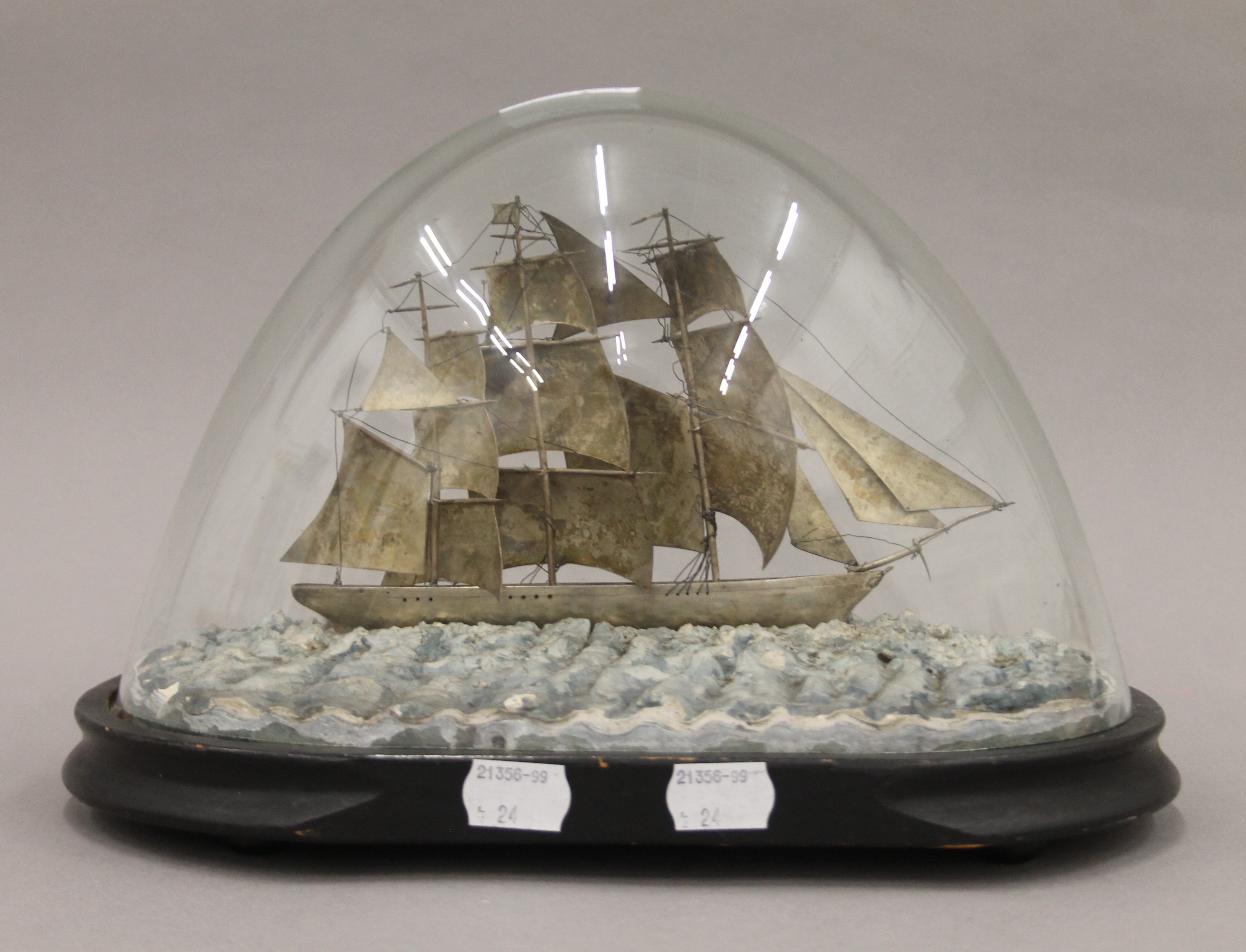 A 19th century Chinese silver model of the tea clipper Spindrift under a glass dome. - Image 4 of 7