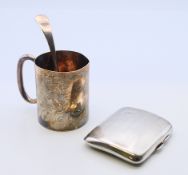 A silver cigarette case, a silver ladle and a silver plated Christening mug.