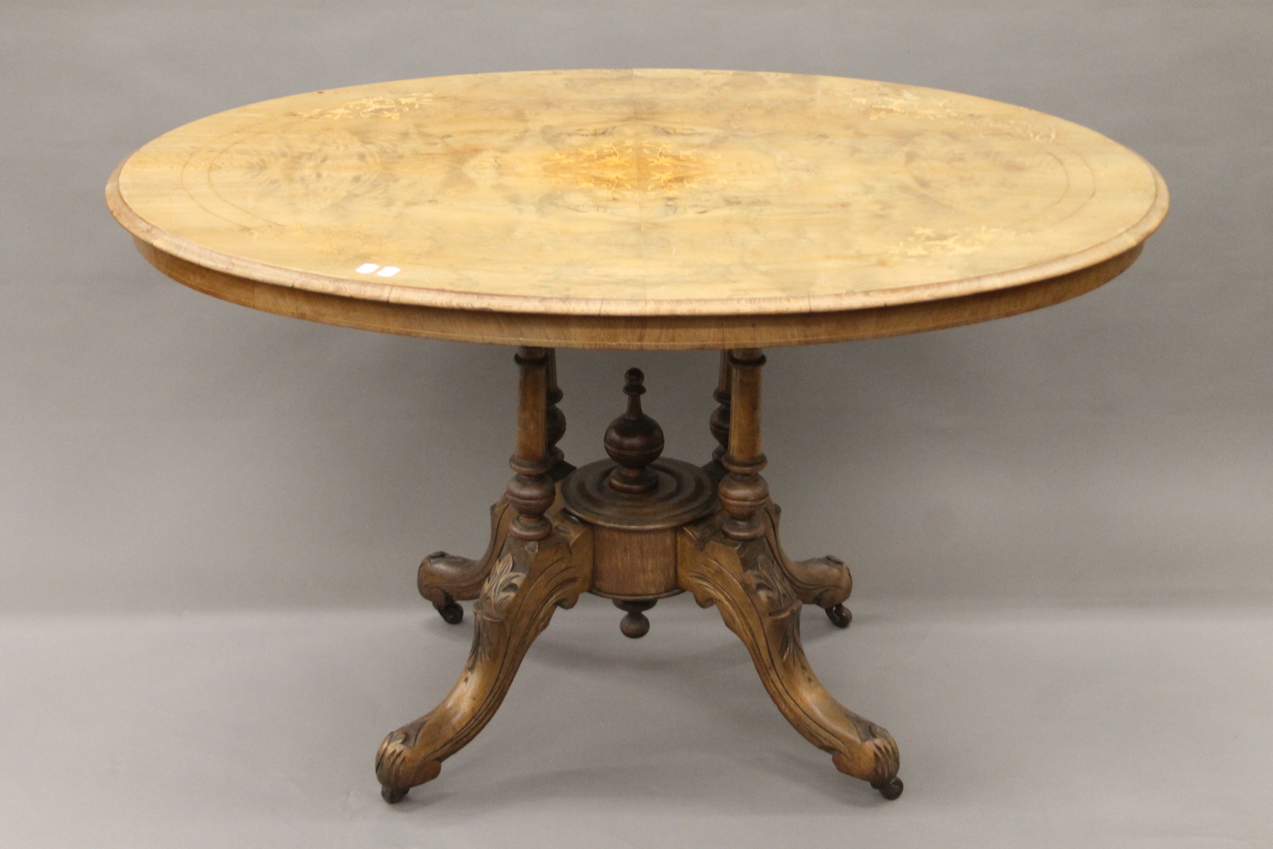 A Victorian inlaid walnut loo table. 121 cm long. - Image 2 of 5