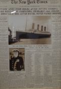 A large framed and glazed print of The New York Times April 16th 1912 reporting the sinking of the