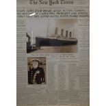 A large framed and glazed print of The New York Times April 16th 1912 reporting the sinking of the