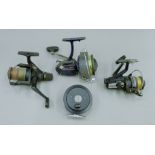 Four fishing reels various sizes.