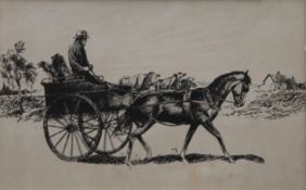 FRED ARCHER (1915-1999), Farmer on a large Wheeled Gig off to Market, ink drawing,