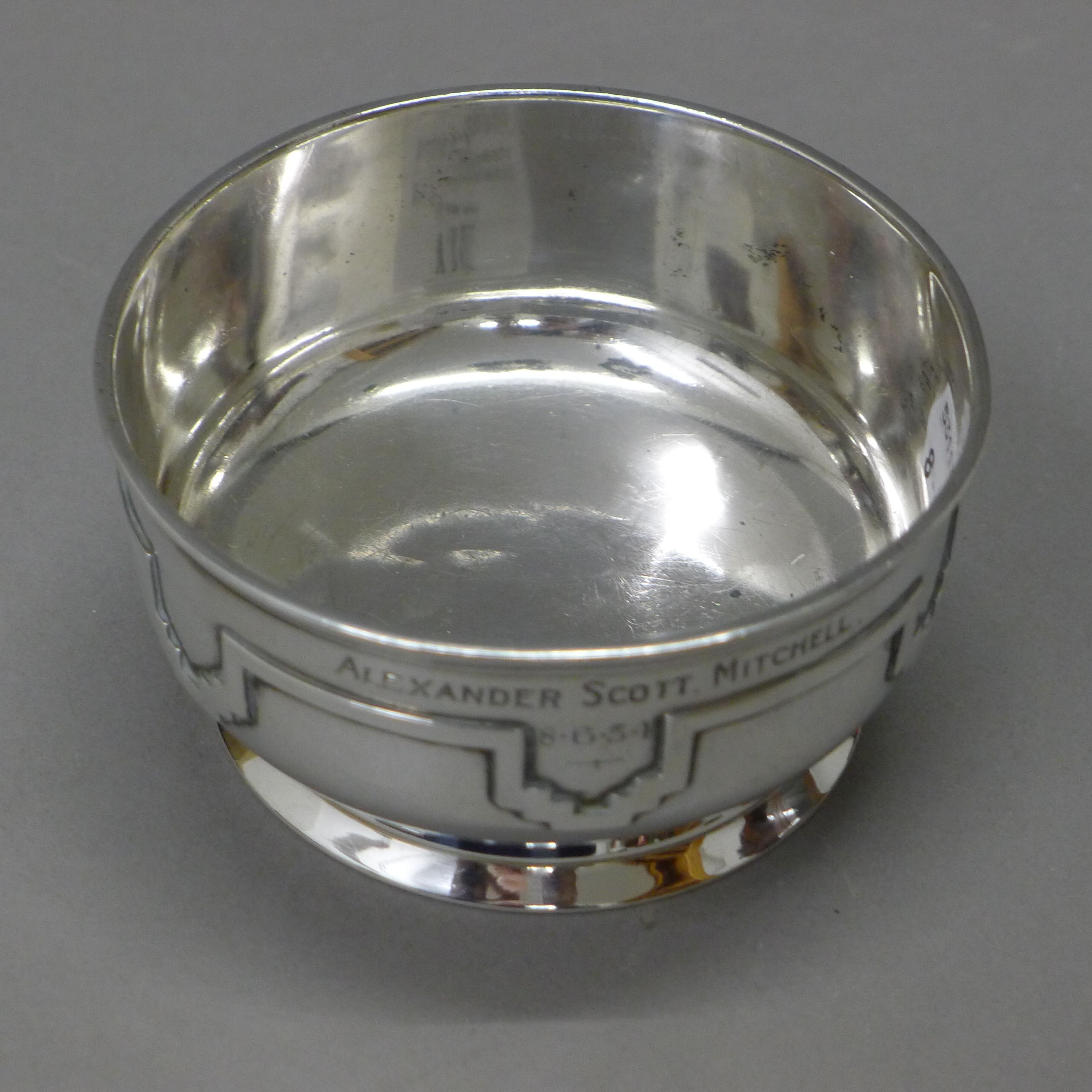 An Art Deco silver sugar bowl inscribed Alexander Scott Mitchell 8.6.34. 10 cm diameter. - Image 3 of 4