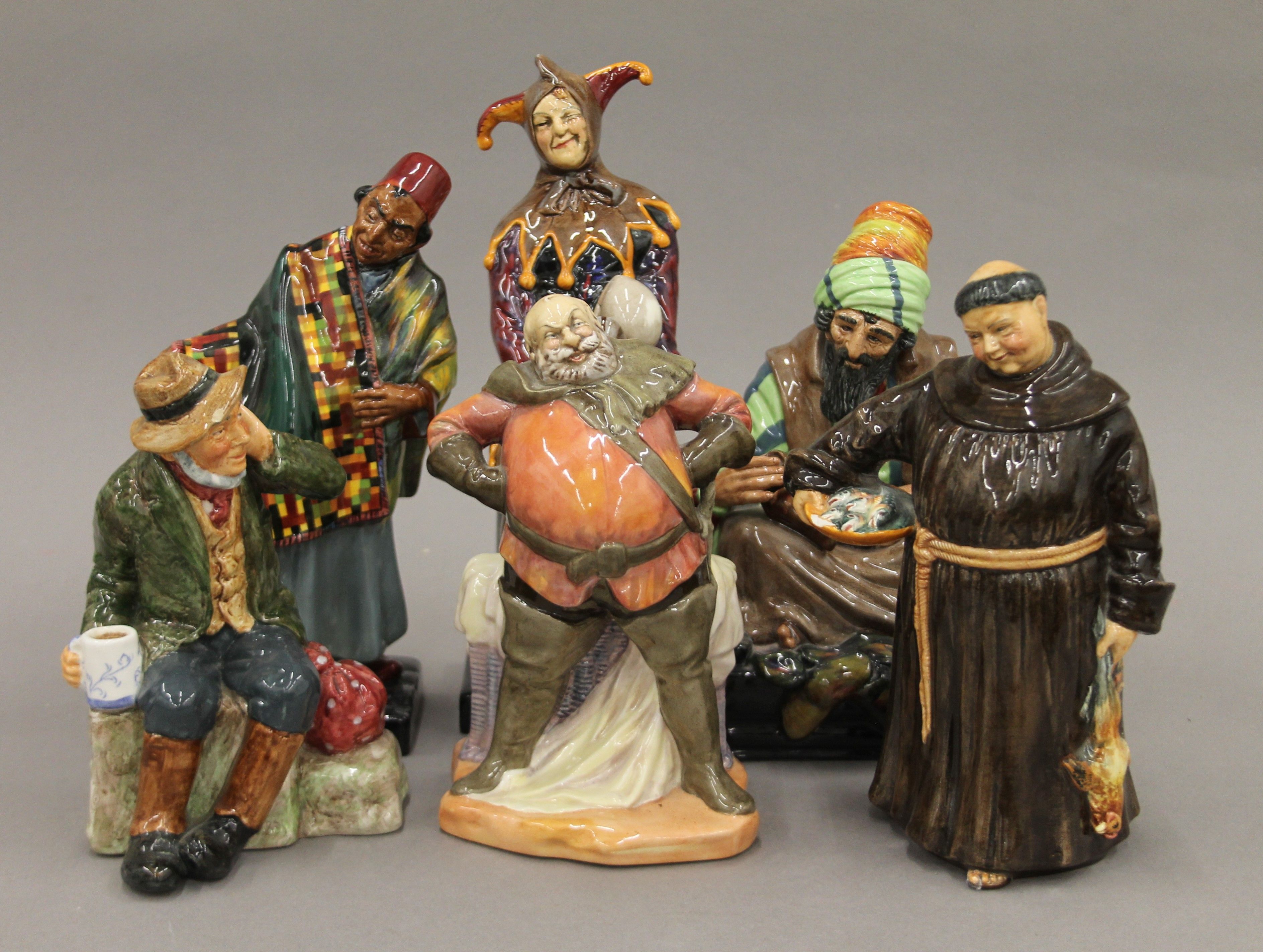 Six Royal Doulton figures: Jester, Cobbler, Carpet Seller, Jovial Monk, Falstaff and Owd Willum.