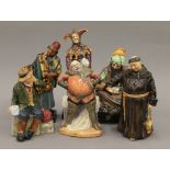Six Royal Doulton figures: Jester, Cobbler, Carpet Seller, Jovial Monk, Falstaff and Owd Willum.