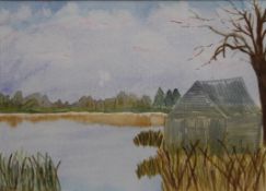 Boathouse on a Lake, watercolour, framed and glazed. 37 x 26.5 cm.