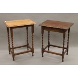 Two early 20th century oak barley twist side tables. Each approximately 59 cm long.