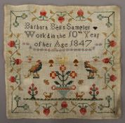 An unframed Victorian sampler worked by Barbara Bells, 1847. 30 x 30 cm.