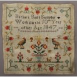 An unframed Victorian sampler worked by Barbara Bells, 1847. 30 x 30 cm.