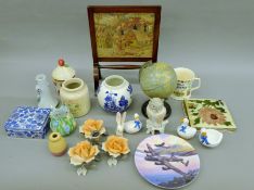 Two boxes of china including a 19th century table screen and vintage globe and figurines.